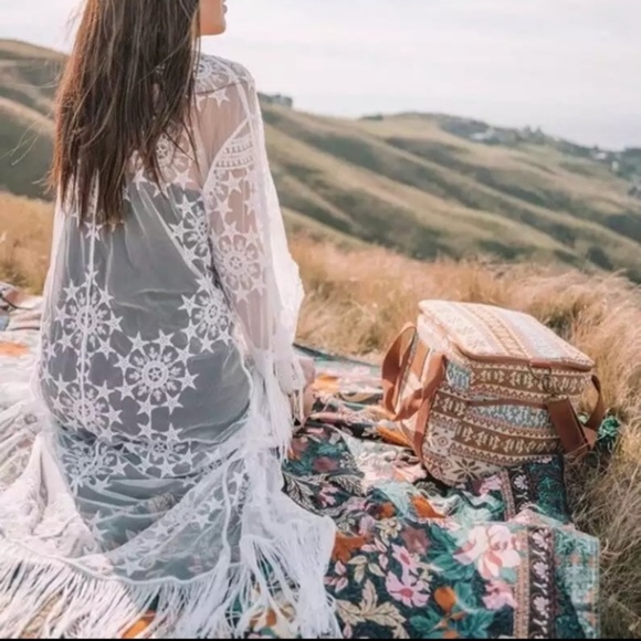 SOLD OUT Boho White Star Mesh Sheer Crochet Lace Coverup - Picture 9 of 12